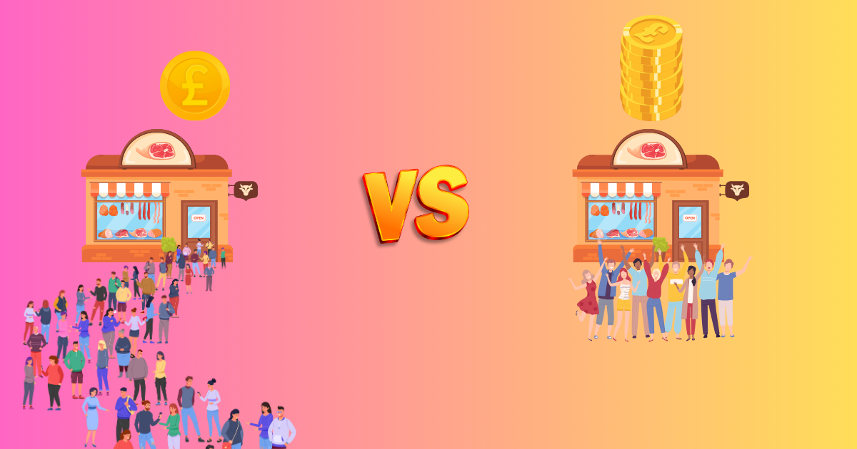 Image showing a crowd of people outside a shop making small amount of money and less people outside another shop making a lot of money. Cocktail Creative, Brand Boosters.