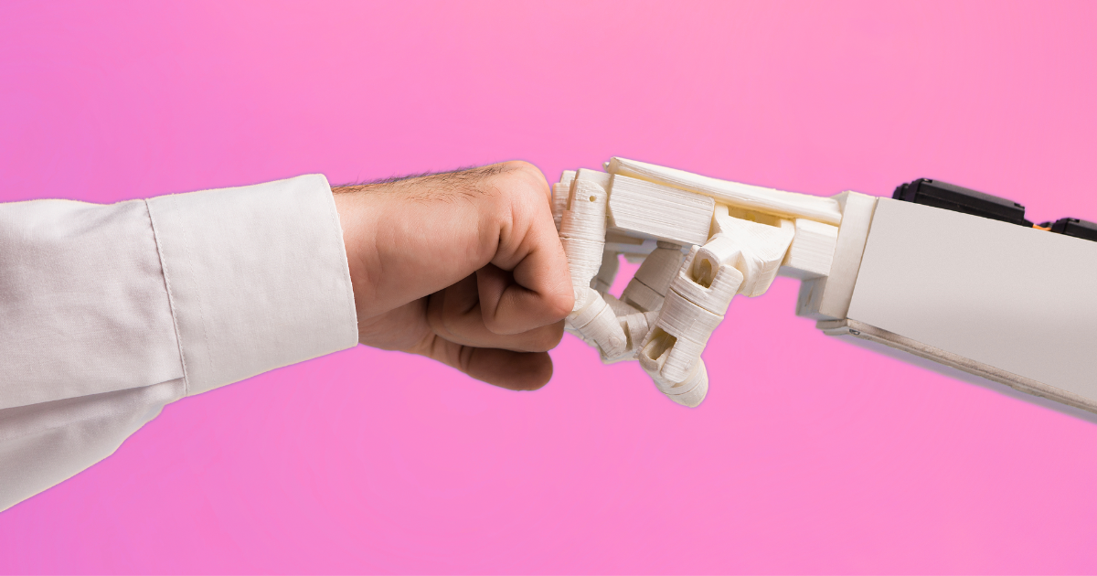 Image of a mans arm first bumping a robot, cocktail creative