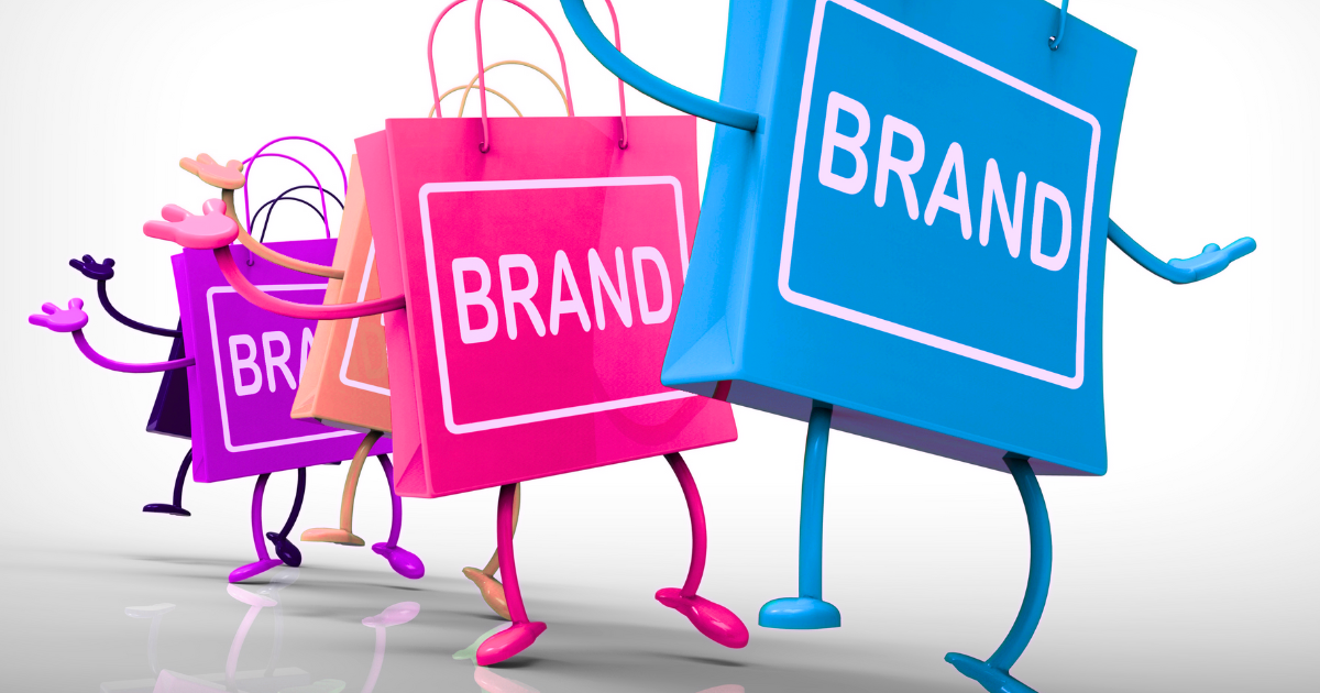 Shopping bags with arms and legs with "Brand " written on them. Cocktail Creative