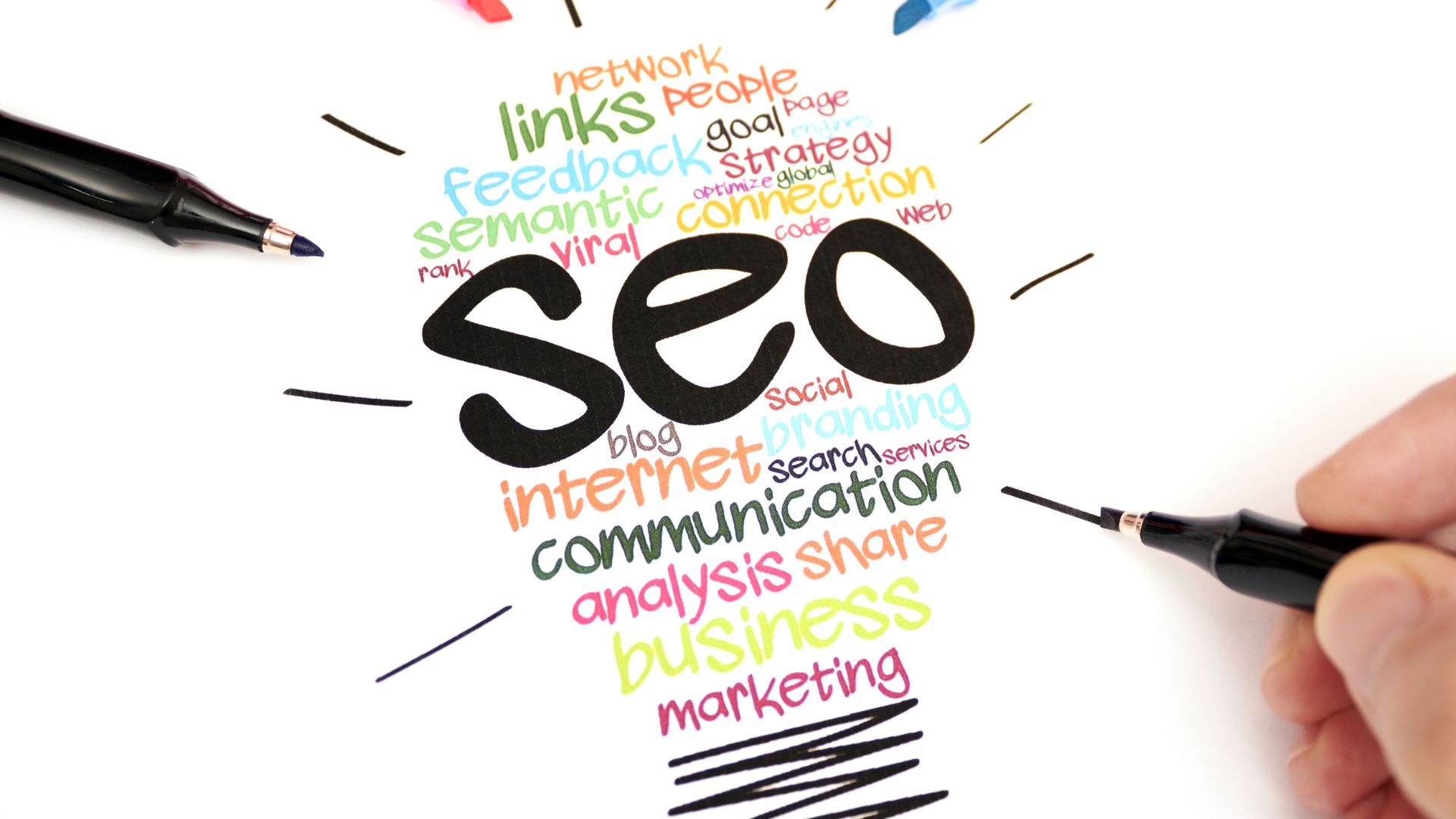 Image of a lightbulb containing the text SEO and other terms relating to it. Cocktail Creative, Brand Boosters