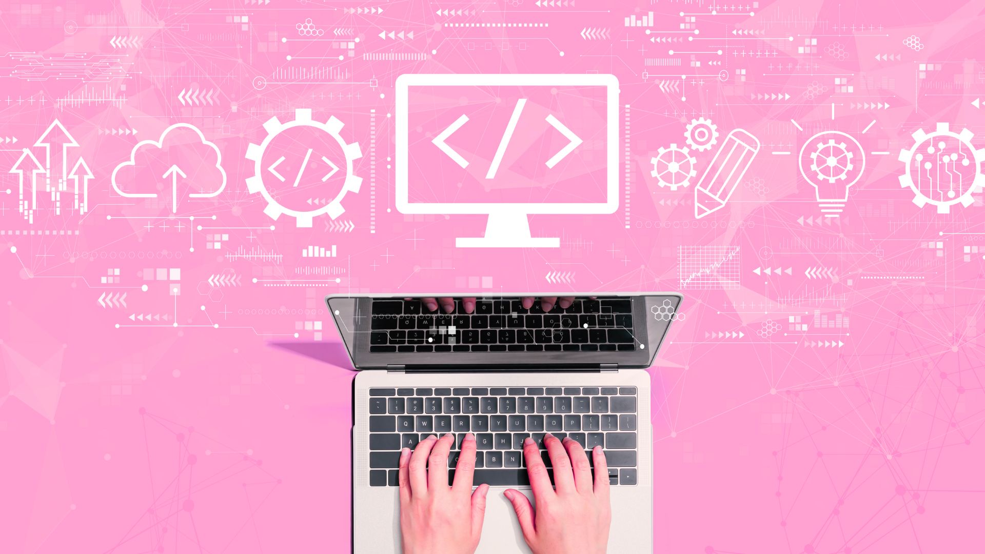 Image of someone at a laptop with icons related to web design above. Cocktail Creative