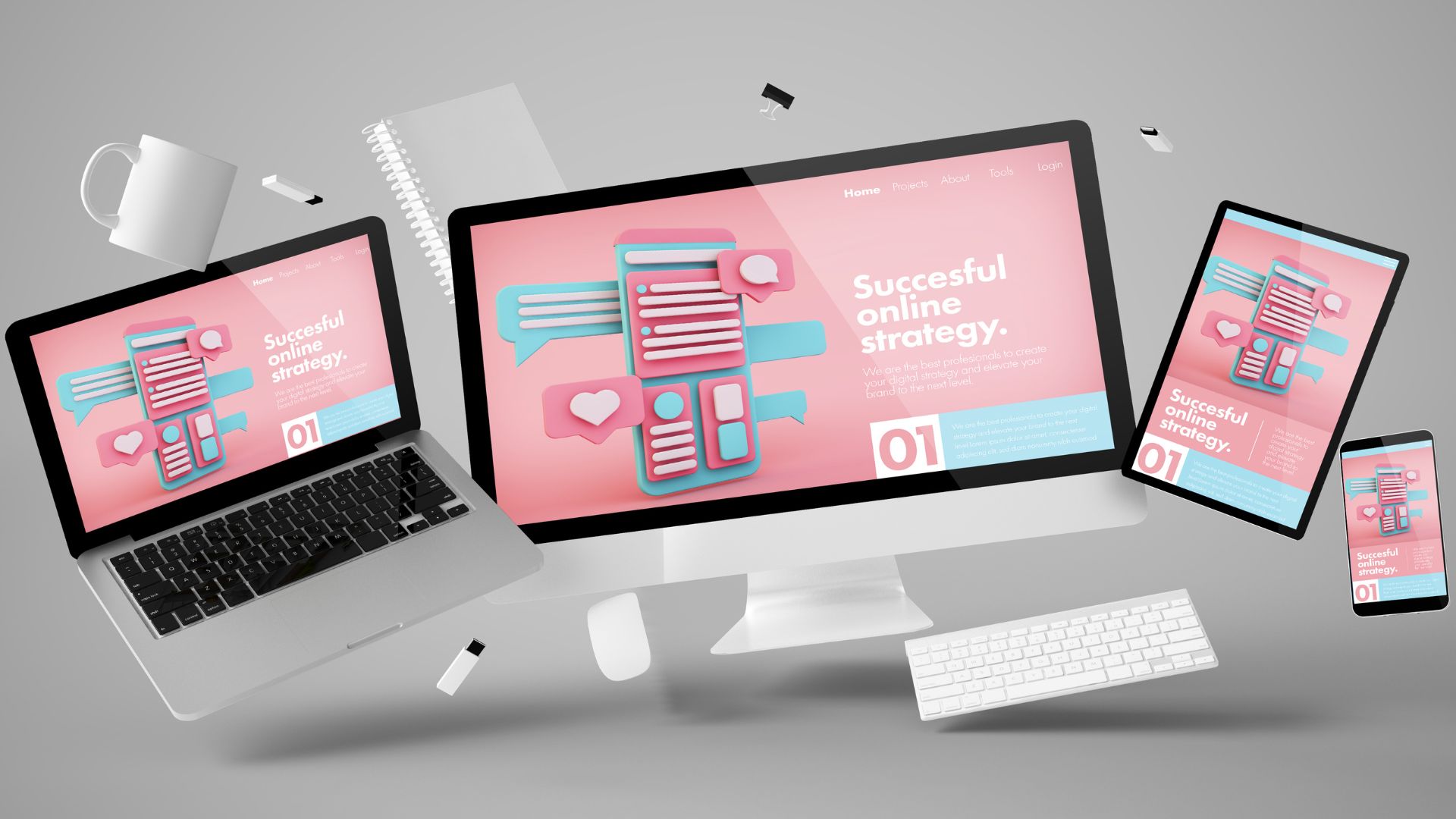 Image of a laptop, tablet and phone showing a colourful website